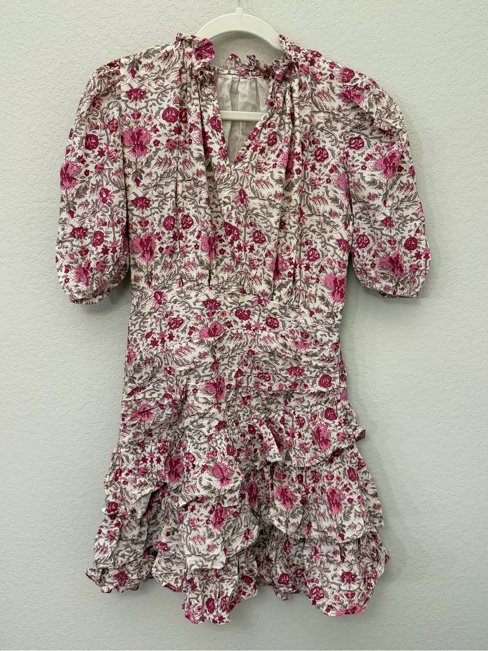 Daughters of India Pink Floral Print Puff Sleeve Tiered Mini Dress Boho Womens M